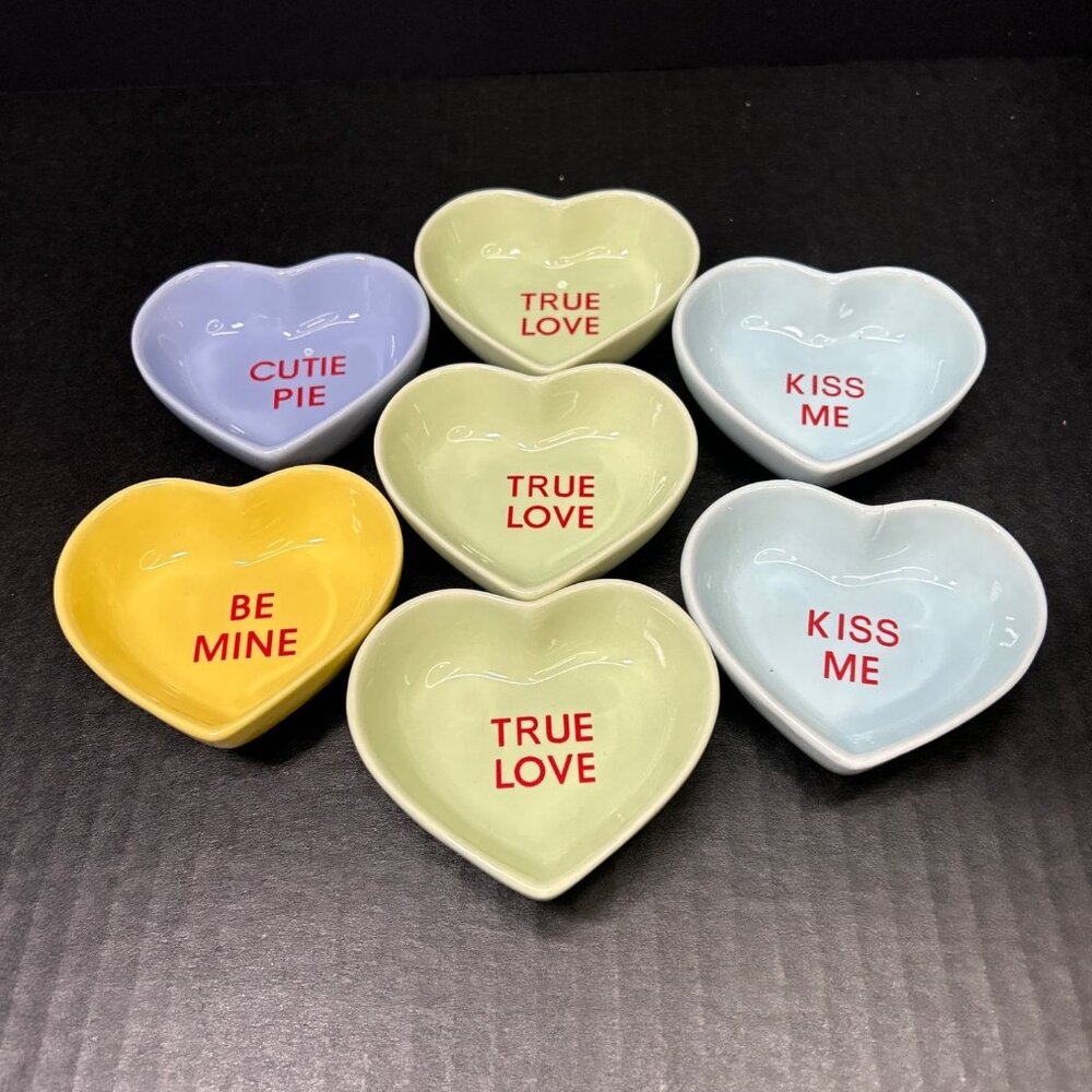 Heart Shaped Trinket Candy Bowls Cutie Pie, True Love, Be Mine, Kiss Me Set Of 6